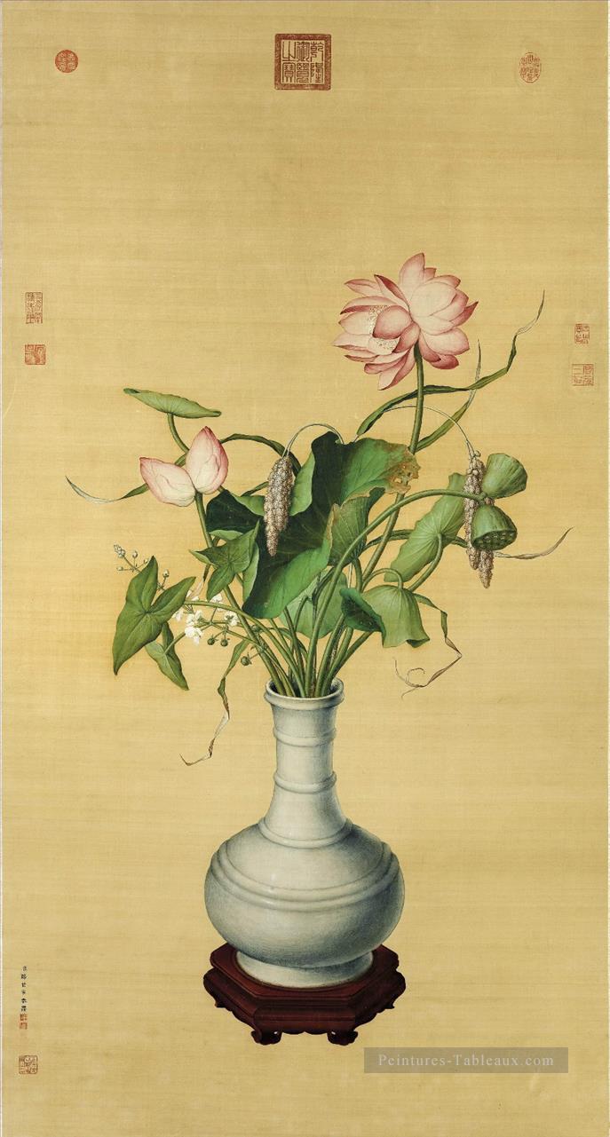 Lang brillant Lotus de l’encre de Chine ancienne d’Auspicious Giuseppe Castiglione ancienne Chine à l’encre Peintures à l'huile